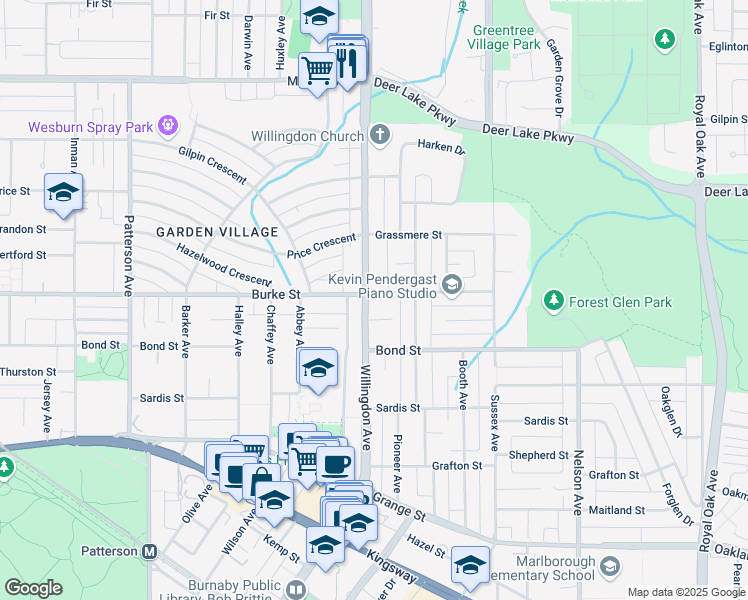map of restaurants, bars, coffee shops, grocery stores, and more near 5164 Willingdon Avenue in Burnaby