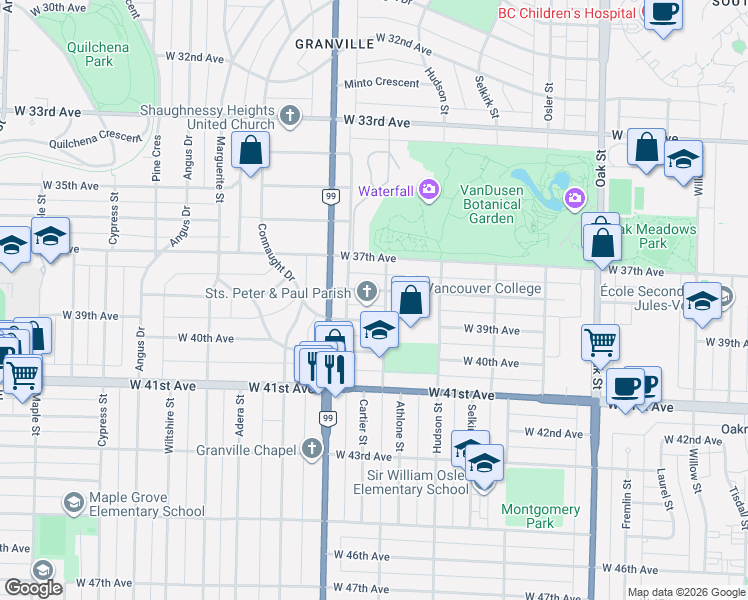map of restaurants, bars, coffee shops, grocery stores, and more near 1420 West 38th Avenue in Vancouver