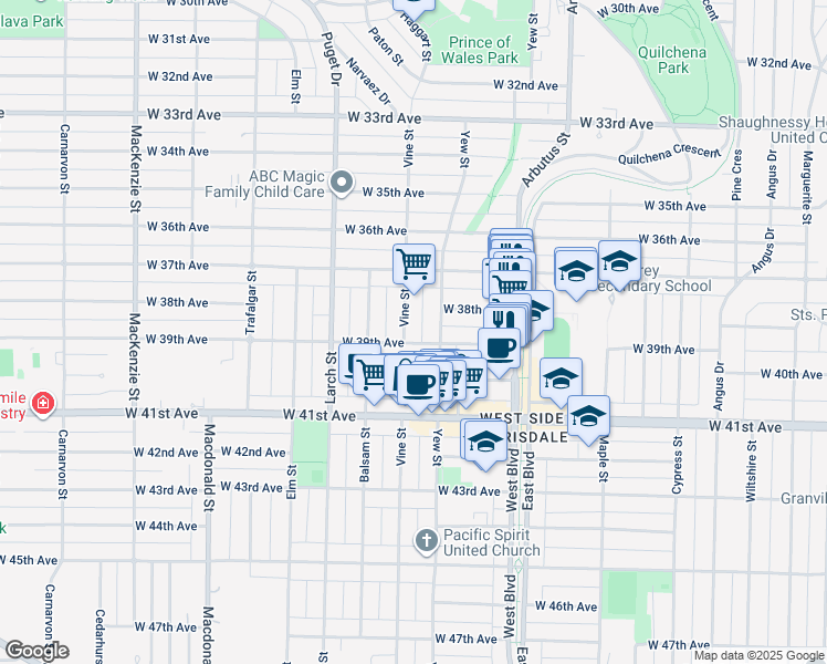 map of restaurants, bars, coffee shops, grocery stores, and more near in Vancouver