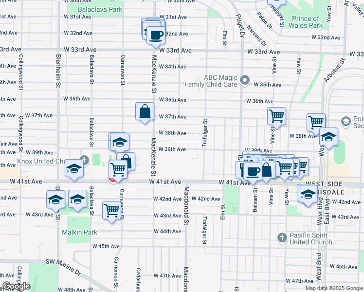 map of restaurants, bars, coffee shops, grocery stores, and more near 2785 West 39th Avenue in Vancouver