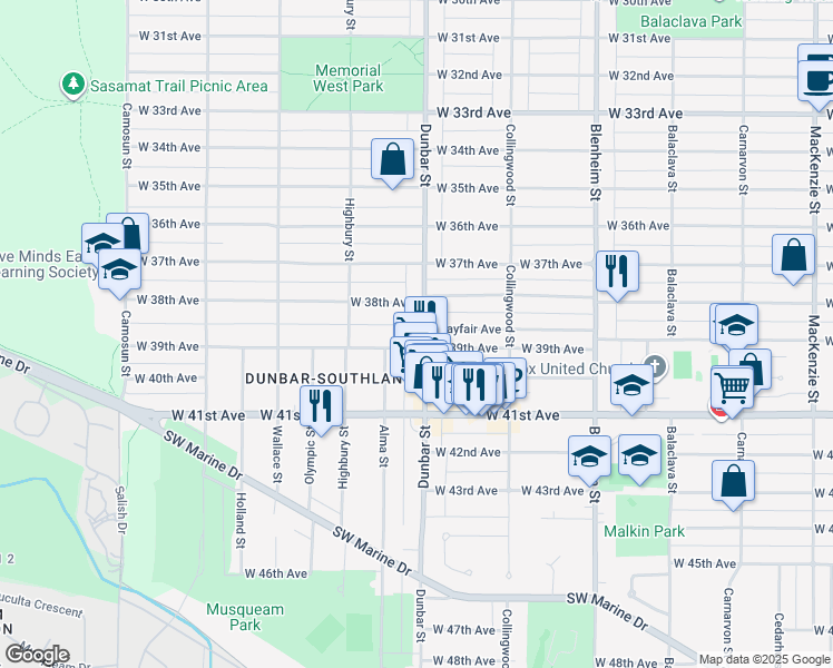 map of restaurants, bars, coffee shops, grocery stores, and more near 5467 Dunbar Street in Vancouver