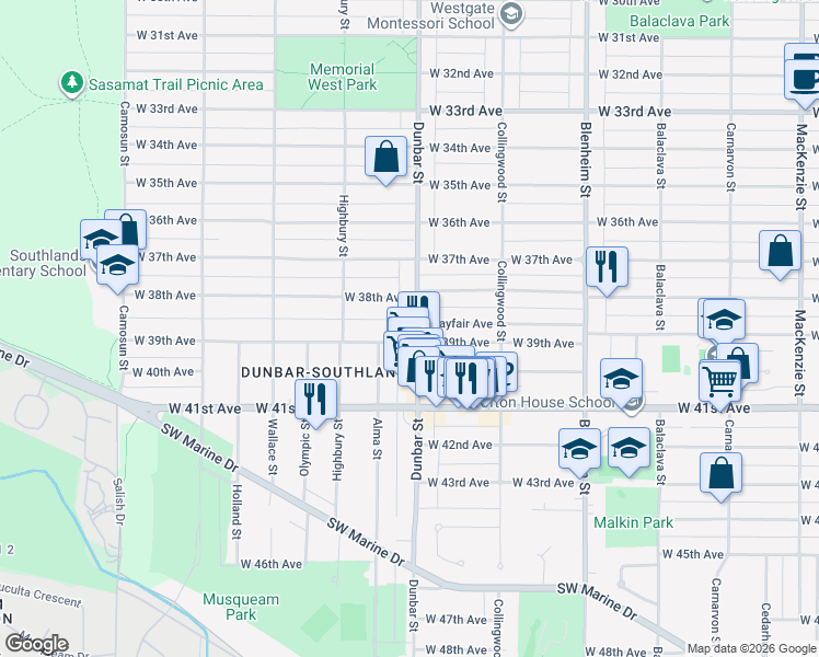 map of restaurants, bars, coffee shops, grocery stores, and more near 5467 Dunbar Street in Vancouver