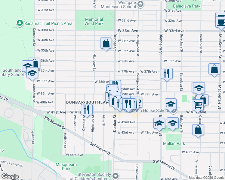 map of restaurants, bars, coffee shops, grocery stores, and more near 5467 Dunbar Street in Vancouver