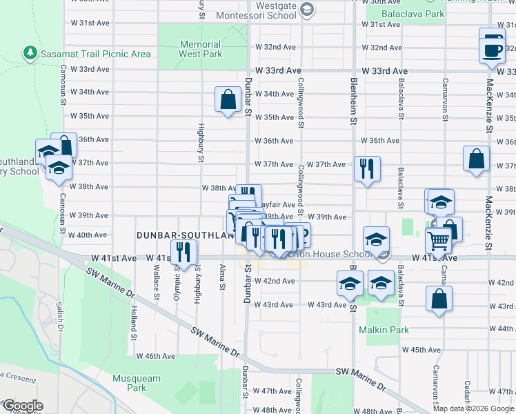 map of restaurants, bars, coffee shops, grocery stores, and more near 3586 Mayfair Avenue in Vancouver