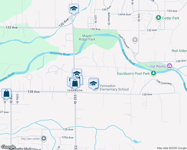 map of restaurants, bars, coffee shops, grocery stores, and more near 23325 Calvin Crescent in Maple Ridge