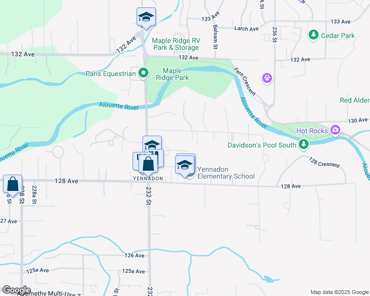map of restaurants, bars, coffee shops, grocery stores, and more near 23325 Calvin Crescent in Maple Ridge