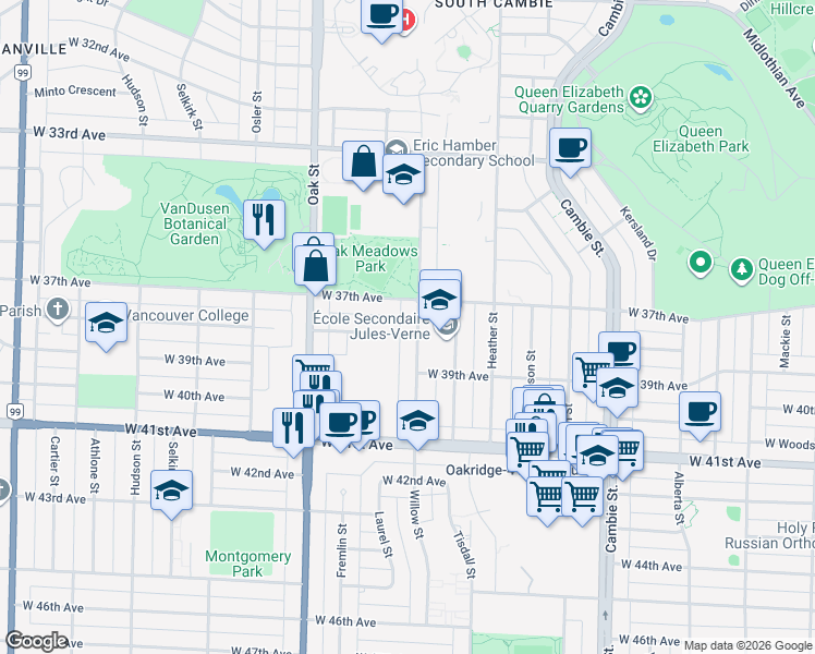 map of restaurants, bars, coffee shops, grocery stores, and more near 5387 Willow Street in Vancouver