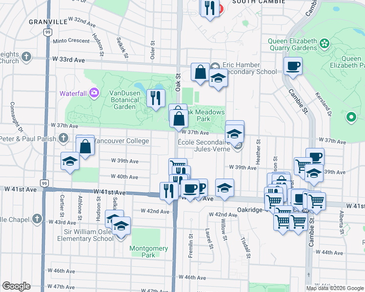 map of restaurants, bars, coffee shops, grocery stores, and more near 991 West 38th Avenue in Vancouver