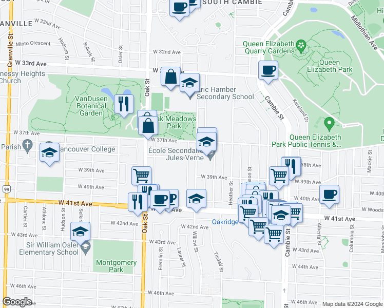 map of restaurants, bars, coffee shops, grocery stores, and more near 5383 Willow Street in Vancouver