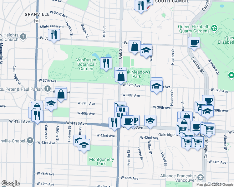 map of restaurants, bars, coffee shops, grocery stores, and more near 5377 Oak Street in Vancouver