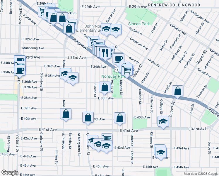 map of restaurants, bars, coffee shops, grocery stores, and more near 5263 Wales Street in Vancouver