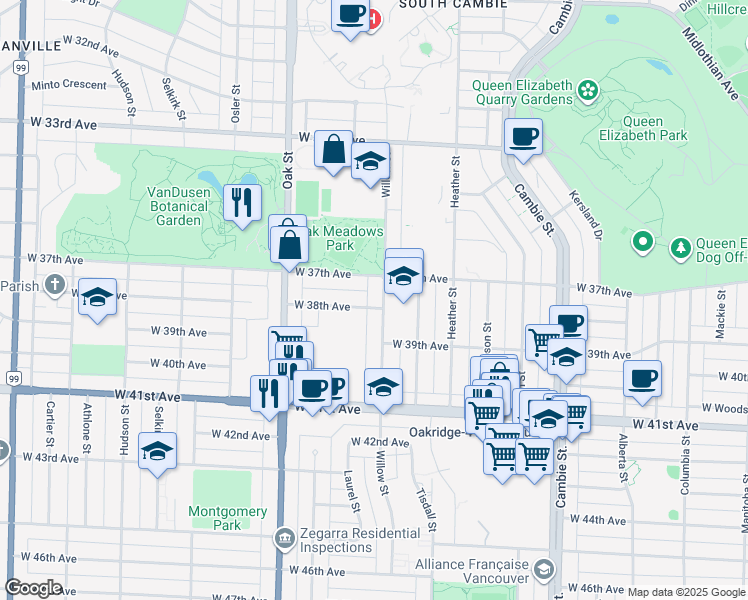 map of restaurants, bars, coffee shops, grocery stores, and more near 5381 Willow Street in Vancouver