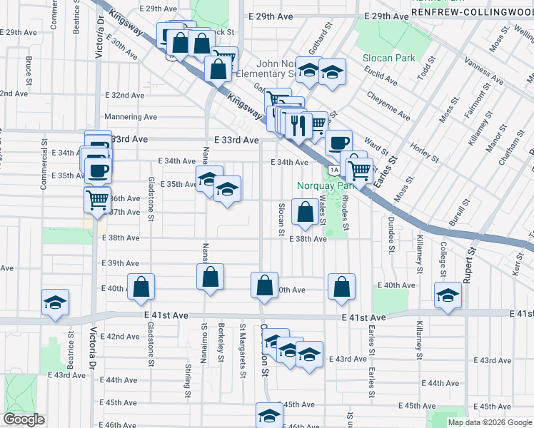 map of restaurants, bars, coffee shops, grocery stores, and more near 5262 Clarendon Street in Vancouver