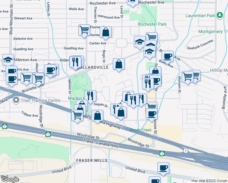 map of restaurants, bars, coffee shops, grocery stores, and more near 145 King Edward Street in Coquitlam