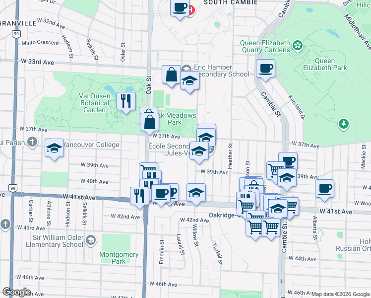 map of restaurants, bars, coffee shops, grocery stores, and more near 855 West 38th Avenue in Vancouver