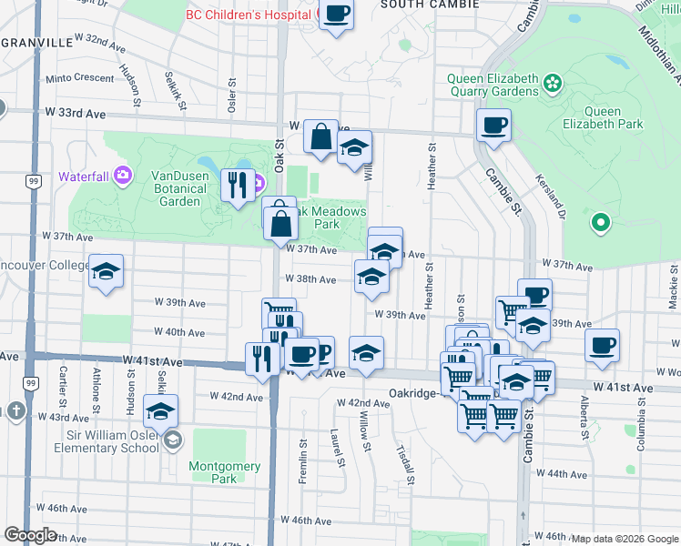 map of restaurants, bars, coffee shops, grocery stores, and more near in Vancouver