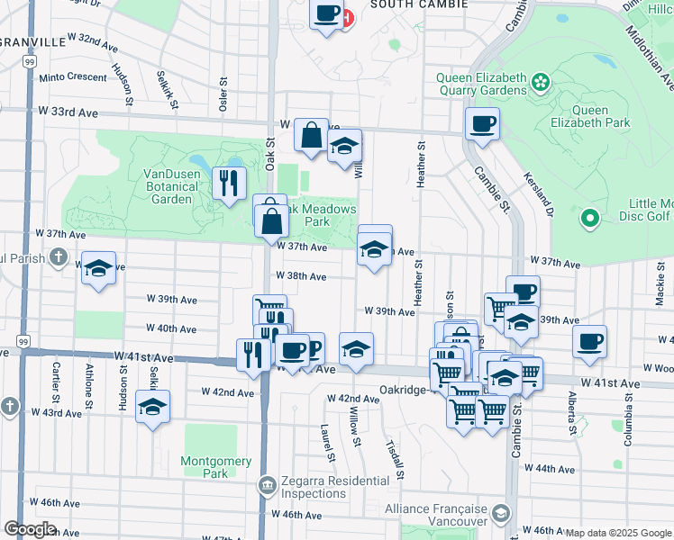 map of restaurants, bars, coffee shops, grocery stores, and more near 807 West 38th Avenue in Vancouver