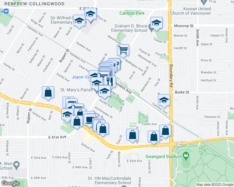map of restaurants, bars, coffee shops, grocery stores, and more near 3463 Crowley Drive in Vancouver