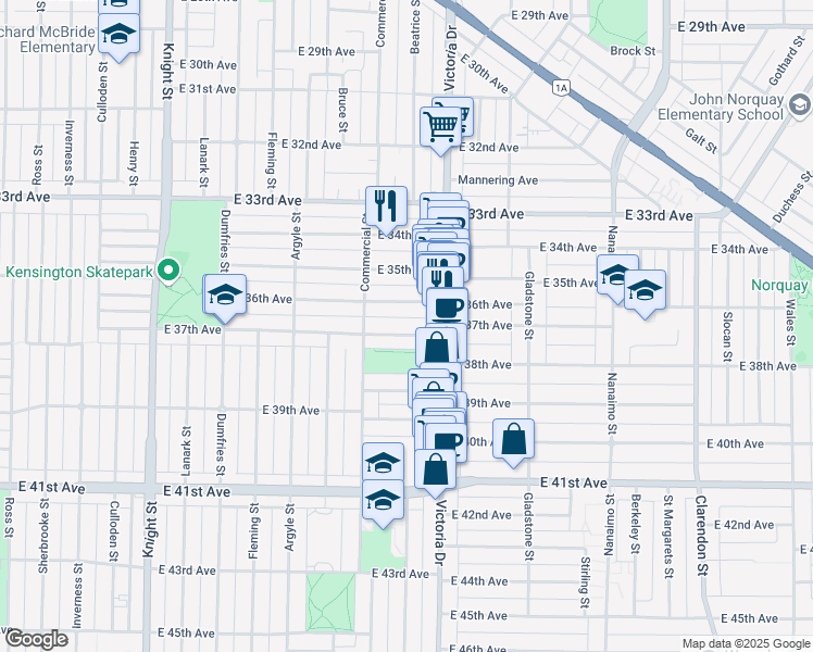 map of restaurants, bars, coffee shops, grocery stores, and more near in Vancouver