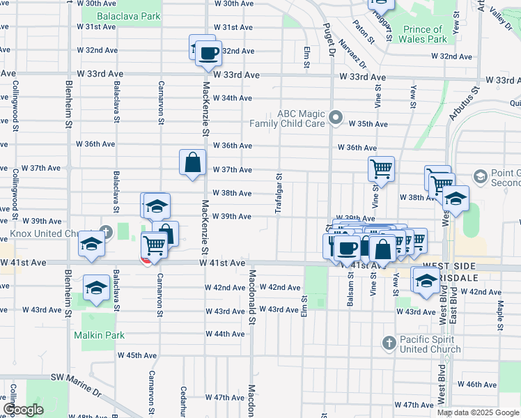 map of restaurants, bars, coffee shops, grocery stores, and more near in Vancouver