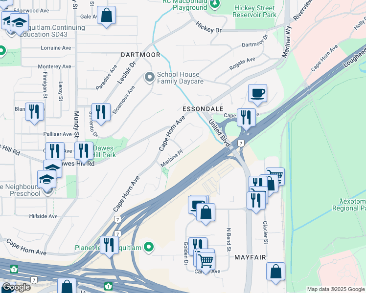 map of restaurants, bars, coffee shops, grocery stores, and more near 287 Santiago Street in Coquitlam