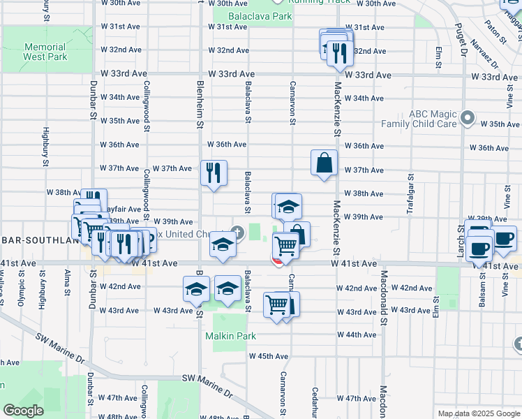 map of restaurants, bars, coffee shops, grocery stores, and more near 3141 West 39th Avenue in Vancouver
