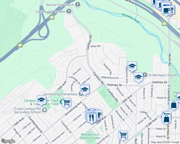map of restaurants, bars, coffee shops, grocery stores, and more near 7517 Cariboo Road in Burnaby