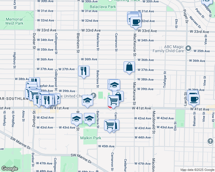 map of restaurants, bars, coffee shops, grocery stores, and more near 3091 West 39th Avenue in Vancouver