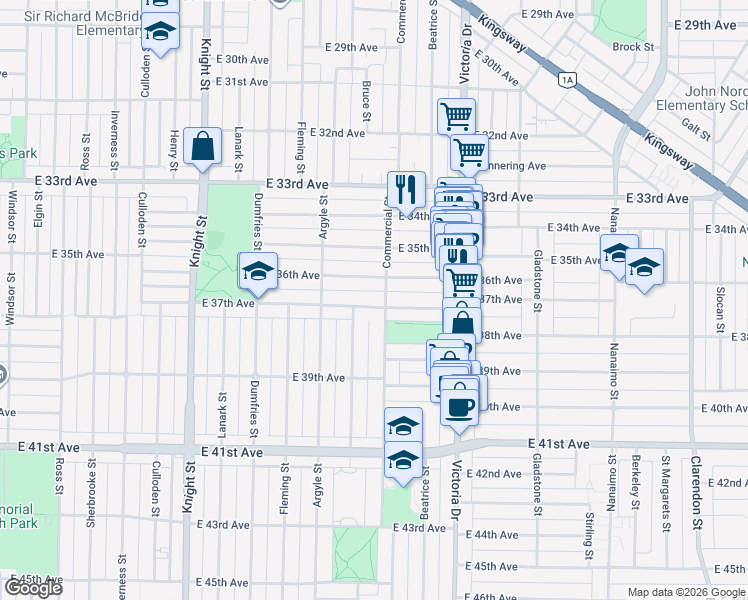map of restaurants, bars, coffee shops, grocery stores, and more near 1783 East 37th Avenue in Vancouver