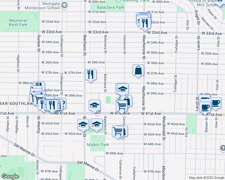 map of restaurants, bars, coffee shops, grocery stores, and more near 3125 West 39th Avenue in Vancouver