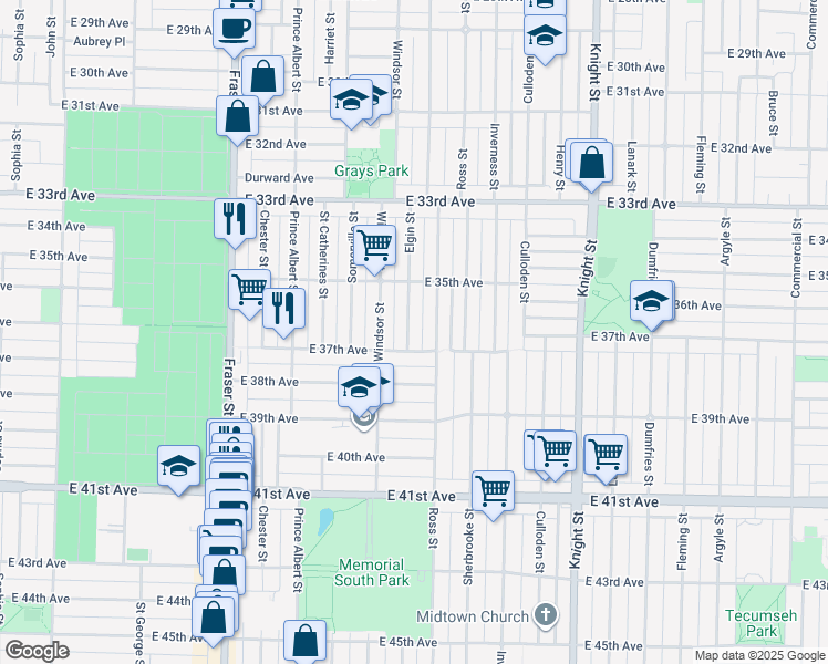 map of restaurants, bars, coffee shops, grocery stores, and more near 5304 Elgin Street in Vancouver