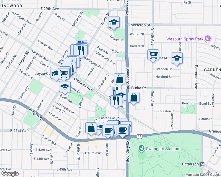 map of restaurants, bars, coffee shops, grocery stores, and more near 5232 Hoy Street in Vancouver
