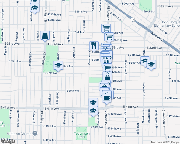 map of restaurants, bars, coffee shops, grocery stores, and more near 1805 East 37th Avenue in Vancouver