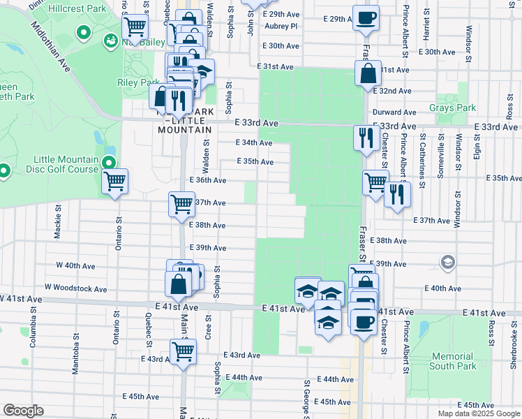 map of restaurants, bars, coffee shops, grocery stores, and more near 5318 Prince Edward Street in Vancouver