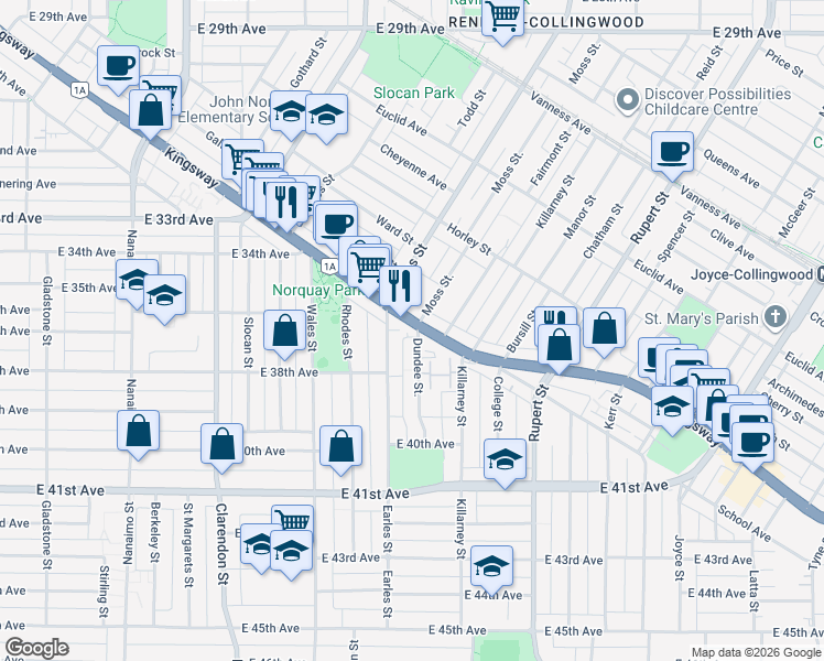 map of restaurants, bars, coffee shops, grocery stores, and more near in Vancouver