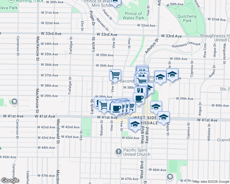 map of restaurants, bars, coffee shops, grocery stores, and more near 5450 Vine Street in Vancouver