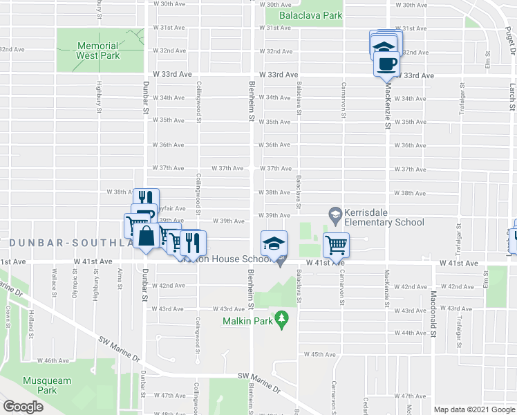 map of restaurants, bars, coffee shops, grocery stores, and more near 5468 Blenheim Street in Vancouver