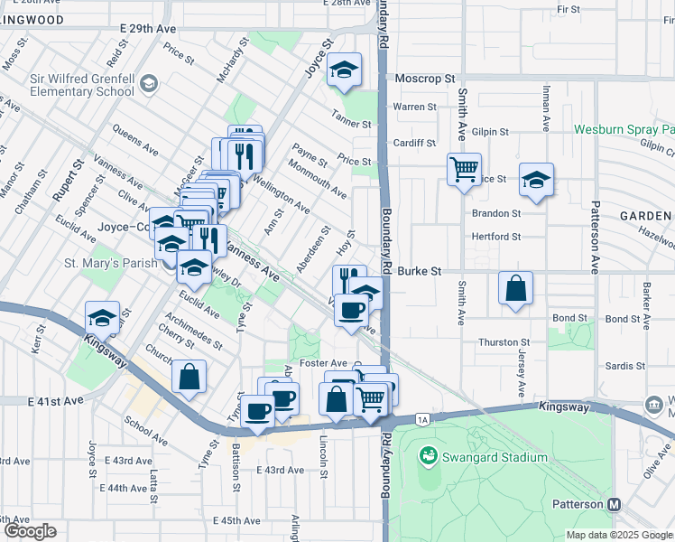 map of restaurants, bars, coffee shops, grocery stores, and more near 5226 Hoy Street in Vancouver