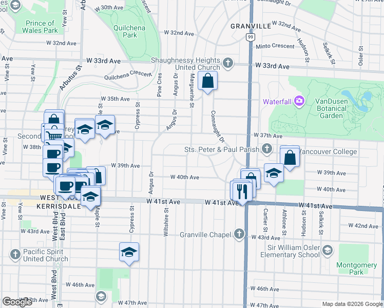 map of restaurants, bars, coffee shops, grocery stores, and more near in Vancouver