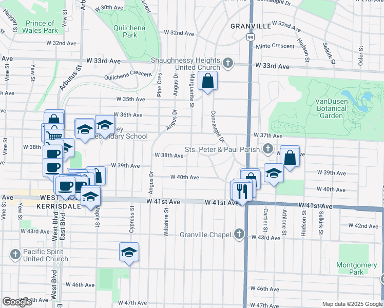 map of restaurants, bars, coffee shops, grocery stores, and more near 5376 Marguerite Street in Vancouver