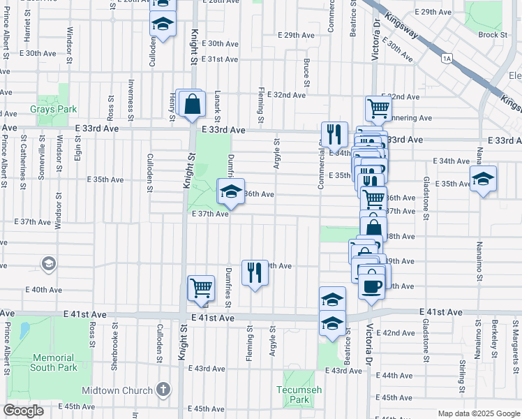 map of restaurants, bars, coffee shops, grocery stores, and more near 1641 East 37th Avenue in Vancouver