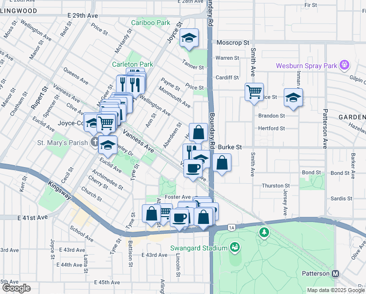 map of restaurants, bars, coffee shops, grocery stores, and more near 5226 Hoy Street in Vancouver