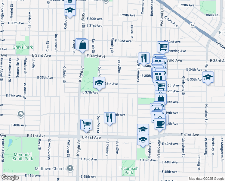 map of restaurants, bars, coffee shops, grocery stores, and more near in Vancouver