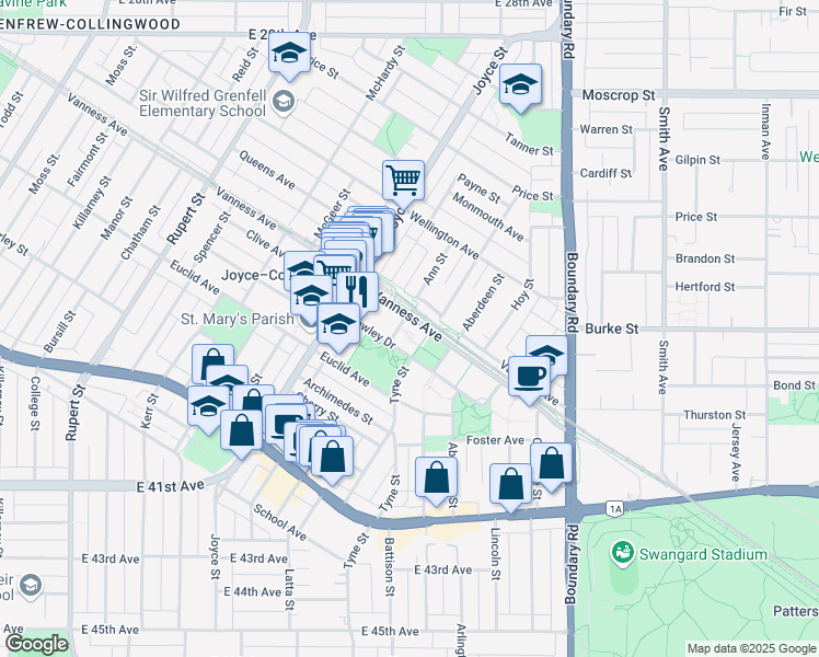 map of restaurants, bars, coffee shops, grocery stores, and more near 3528 Vanness Avenue in Vancouver