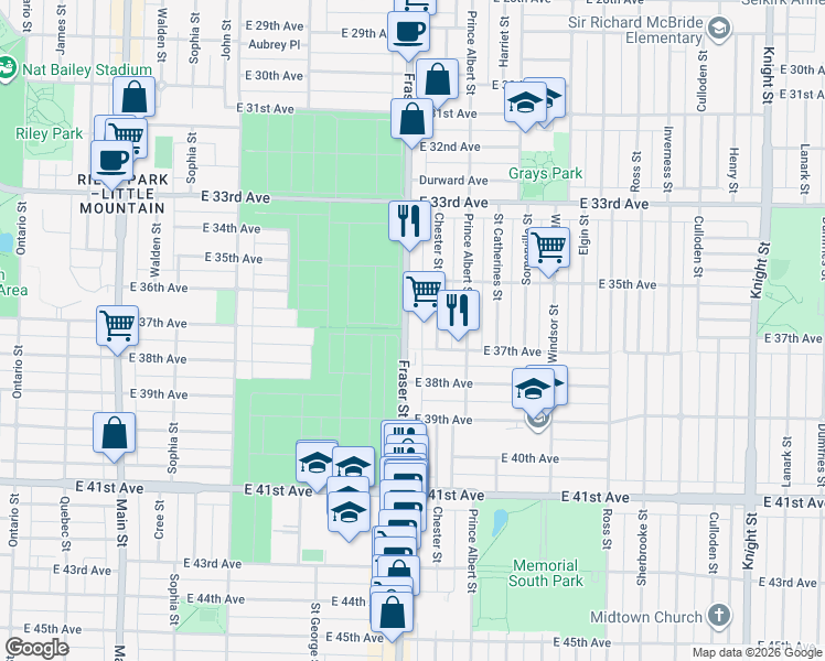 map of restaurants, bars, coffee shops, grocery stores, and more near 5304 Fraser Street in Vancouver