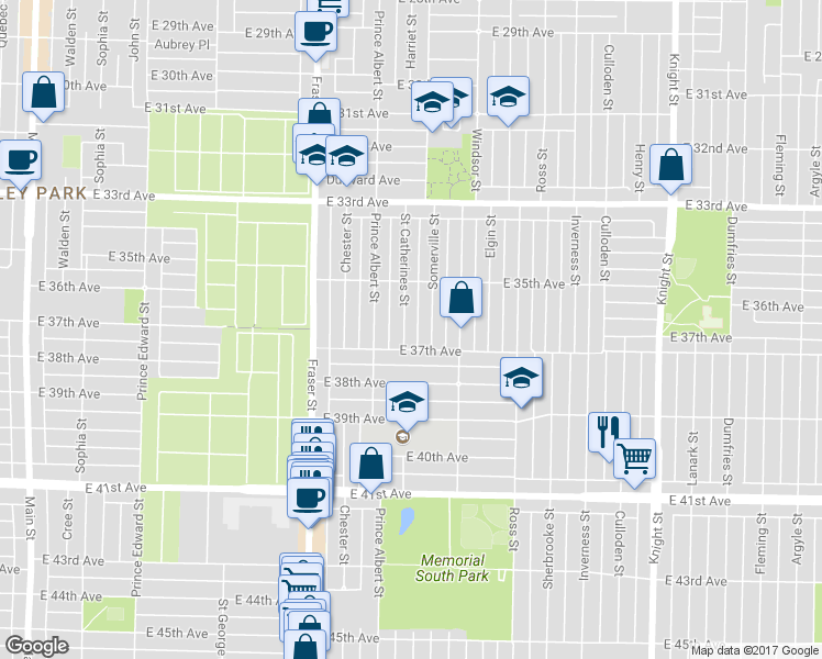 map of restaurants, bars, coffee shops, grocery stores, and more near 5292 Saint Catherines Street in Vancouver