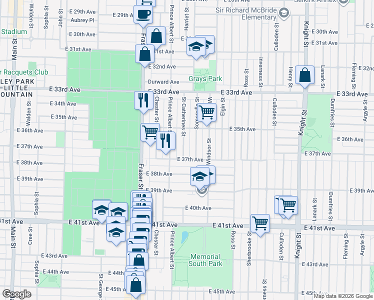 map of restaurants, bars, coffee shops, grocery stores, and more near 5292 Saint Catherines Street in Vancouver