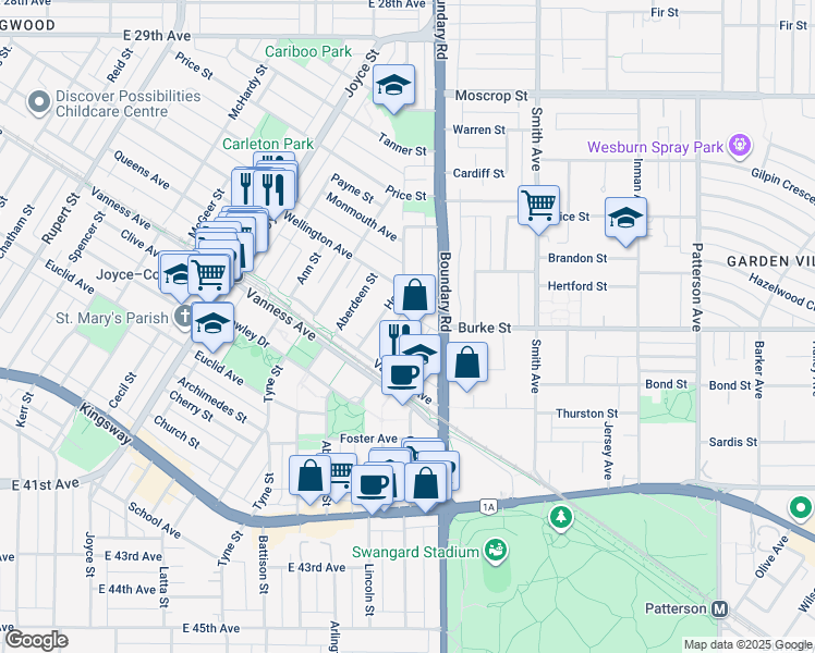 map of restaurants, bars, coffee shops, grocery stores, and more near 3639 Rae Avenue in Vancouver