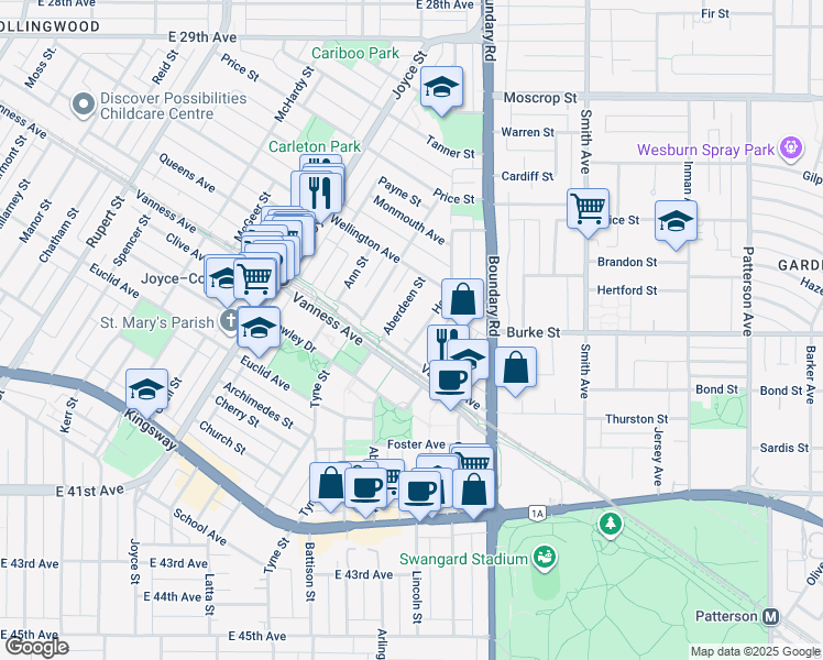 map of restaurants, bars, coffee shops, grocery stores, and more near 5249 Hoy Street in Vancouver