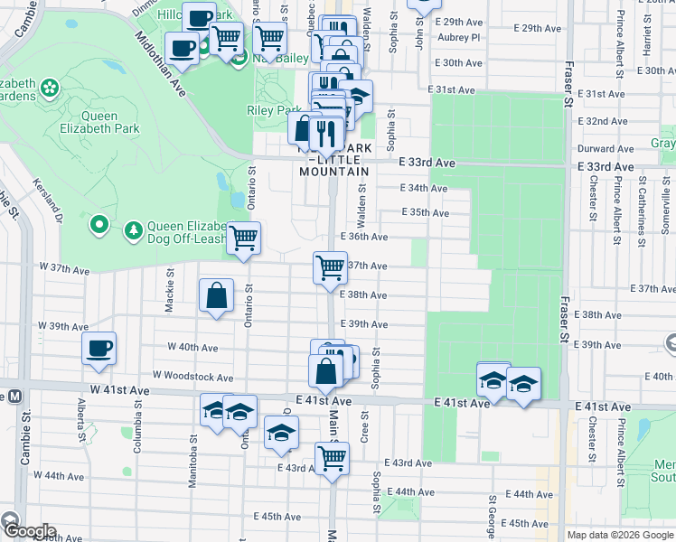 map of restaurants, bars, coffee shops, grocery stores, and more near 5322 Main Street in Vancouver